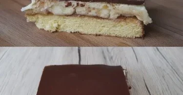 Himmlische Bananenschnitte mit Bananen und Sahne in appetitlicher Anrichtung.
