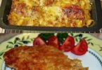 Leckerer Kartoffel-Schnitzel Auflauf auf einem Teller serviert