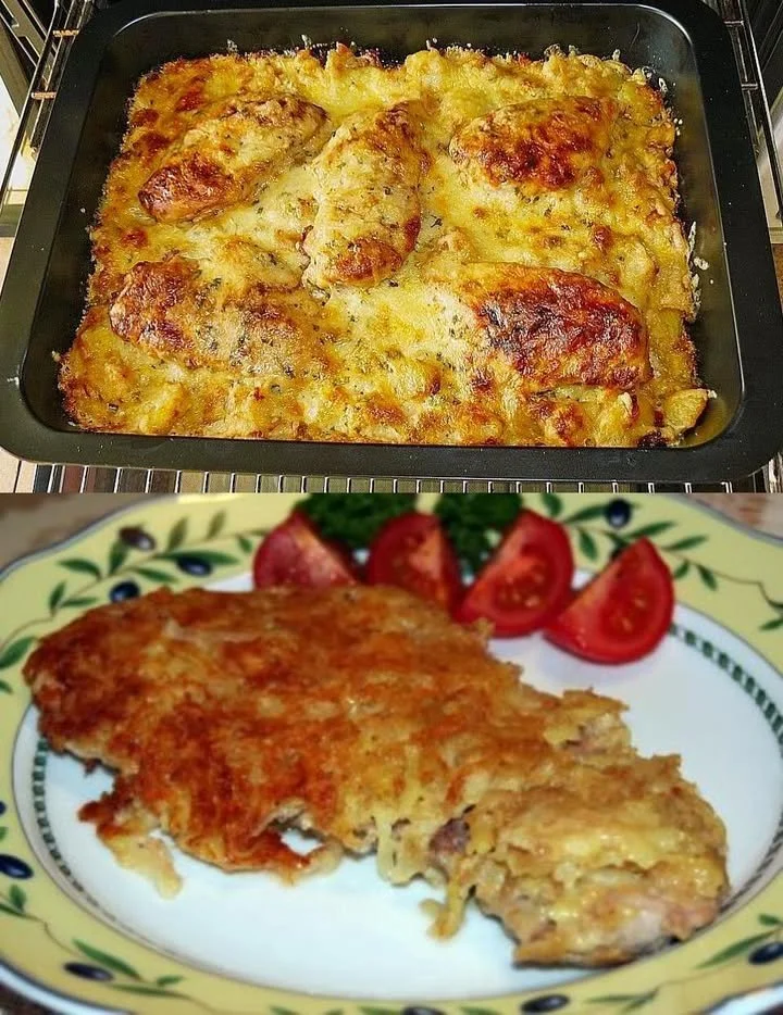 Leckerer Kartoffel-Schnitzel Auflauf auf einem Teller serviert