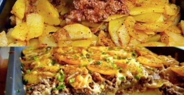 Kartoffelauflauf mit Hackfleisch und Curry-Käse-Sauce frisch aus dem Ofen