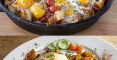 Leckeres Kartoffelgericht mit Käse und Ei auf einem Teller serviert