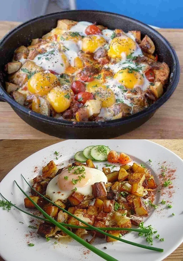 Leckeres Kartoffelgericht mit Käse und Ei auf einem Teller serviert