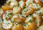Kartoffeln serviert mit cremiger Knoblauchsoße auf einem Teller