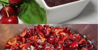 Hausgemachtes Kirschen-Chutney in einem Glas mit frischen Kirschen.