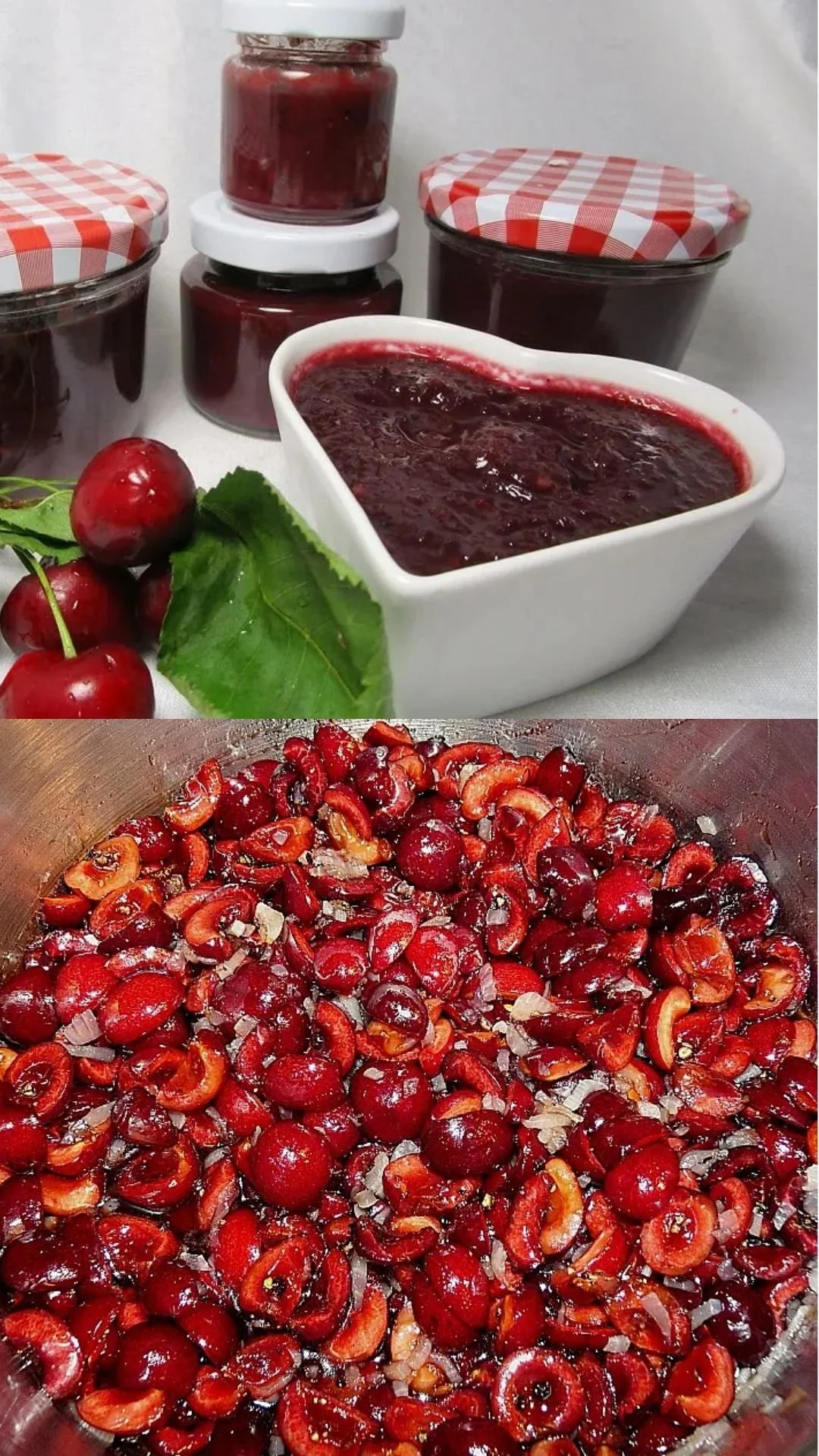 Hausgemachtes Kirschen-Chutney in einem Glas mit frischen Kirschen.
