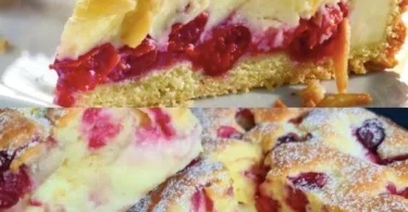 Kirschtorte mit Pudding und Mandeln auf einem weißen Teller