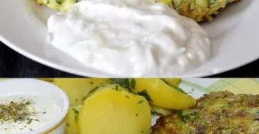 Knusprige Zucchini-Fritter mit Feta und Tzatziki auf einem Teller serviert