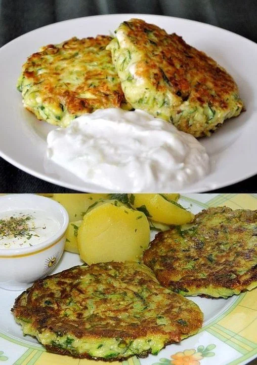 Knusprige Zucchini-Fritter mit Feta und Tzatziki auf einem Teller serviert