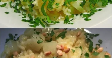 Kohlrabi-Risotto mit Pinienkernen auf einem Teller
