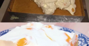 Kuchen mit Mandarinen-Sauerrahm auf einem Teller angerichtet