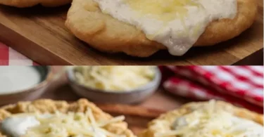 Langos mit Knoblauchcreme und Käse auf einem Teller serviert