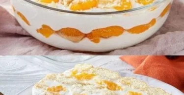 Schmackhaftes Mandarinen Dessert auf einem weißen Teller serviert.