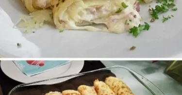 Pfannkuchen mit Schinken und Käse auf einem Teller serviert