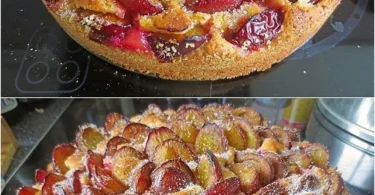 Ein leckerer Pflaumenkuchen mit saftigen Pflaumen und knusprigem Teig.