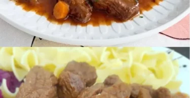Schüssel mit Rindergulasch, serviert mit Beilagen und frischen Kräutern.