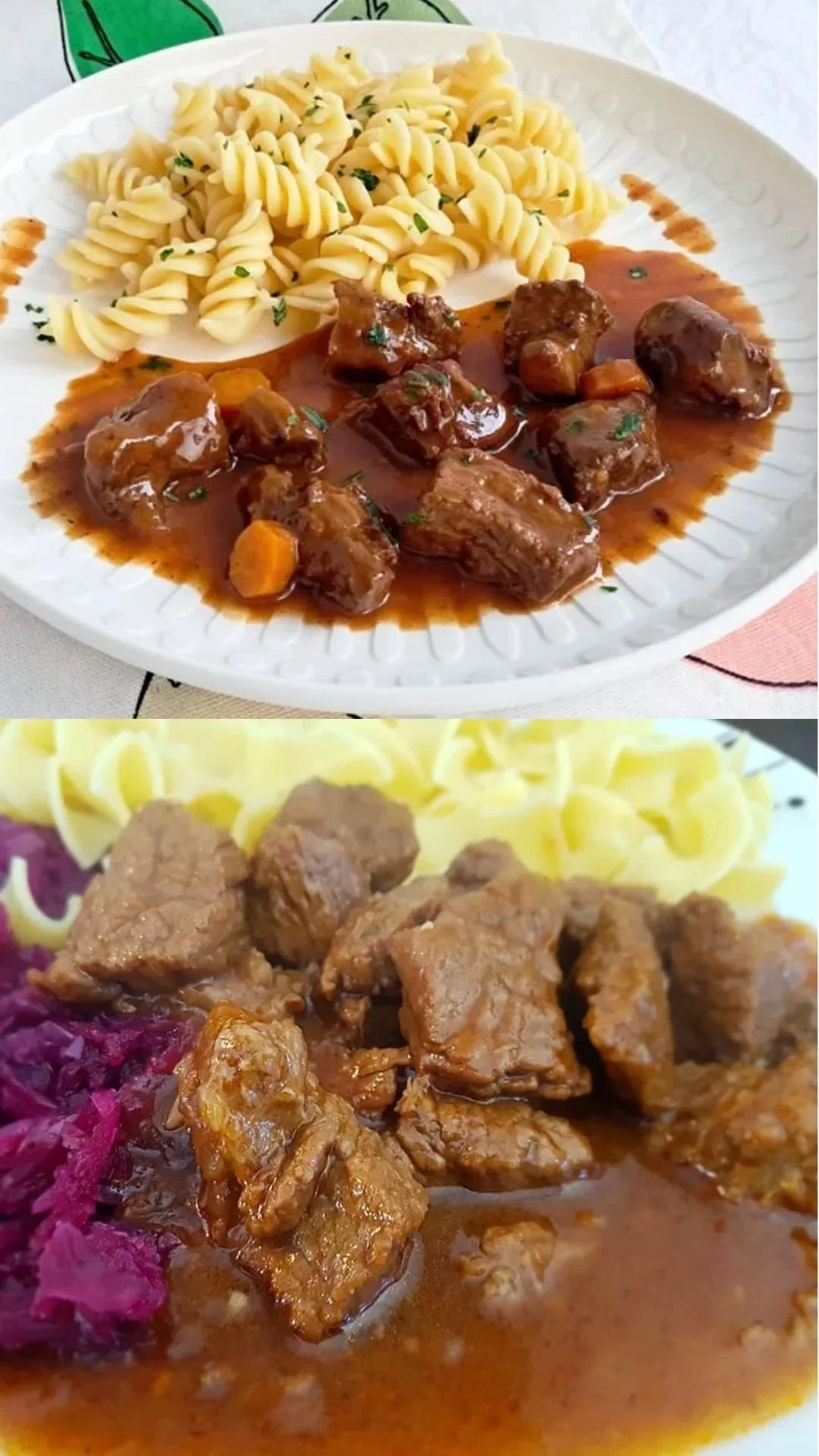Schüssel mit Rindergulasch, serviert mit Beilagen und frischen Kräutern.