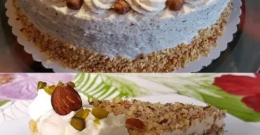 Sahne Nusstorte mit Sahne und Nüssen dekoriert auf einem eleganten Dessertteller.
