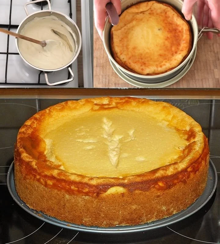 Sahne-Pudding-Kuchen auf einem Teller, dekoriert mit Schokolade und Früchten.