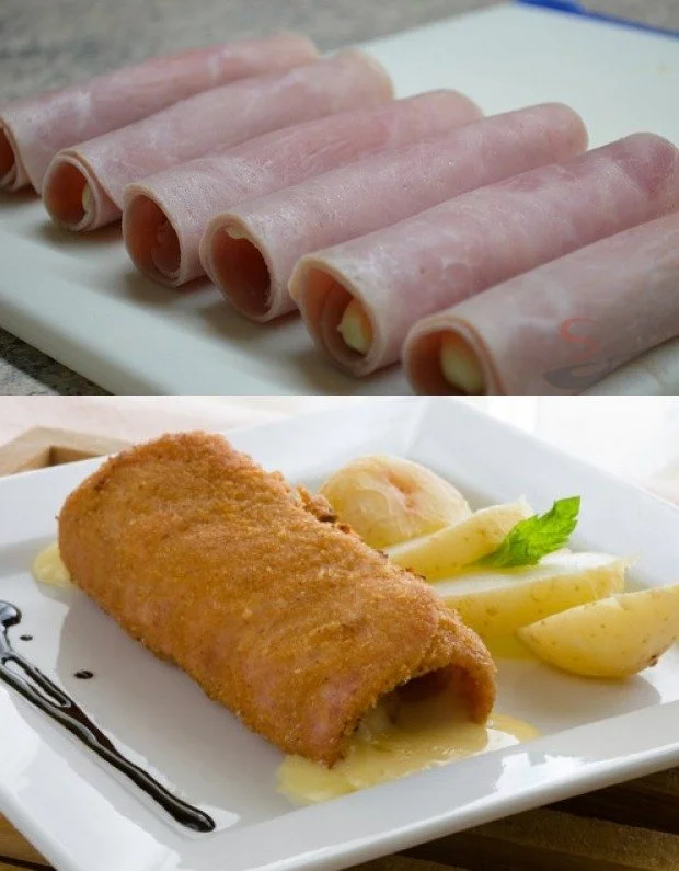 Schinkenröllchen mit frischer Sauerrahmfüllung auf einem Teller arrangiert