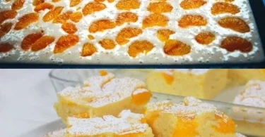 Schneller saftiger Buttermilchkuchen mit Mandarinen auf einem Teller
