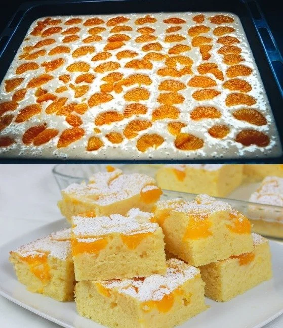Schneller saftiger Buttermilchkuchen mit Mandarinen auf einem Teller
