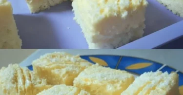 Schneller Kokosnusskuchen mit Vanillepudding auf einem Teller serviert