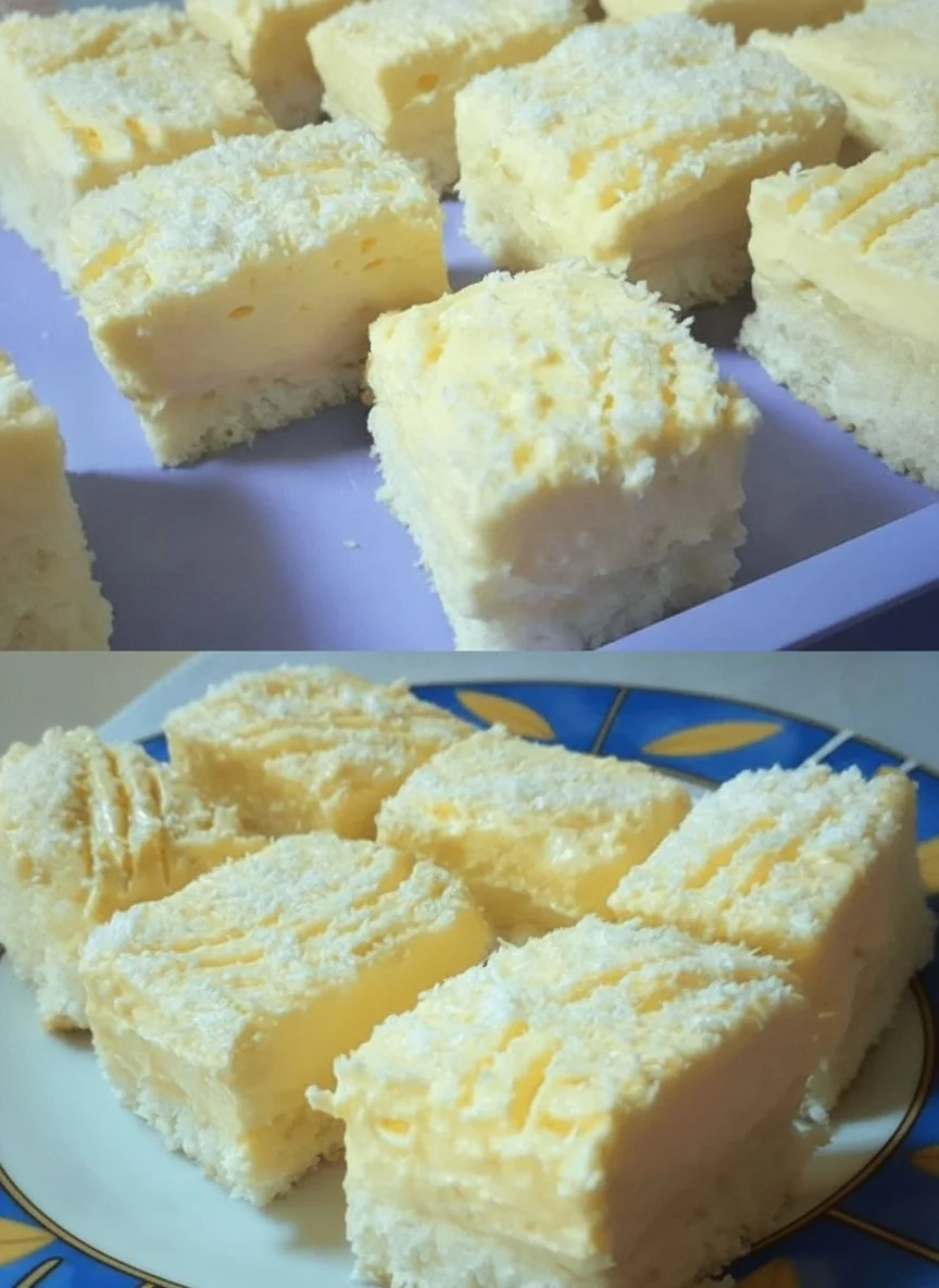 Schneller Kokosnusskuchen mit Vanillepudding auf einem Teller serviert