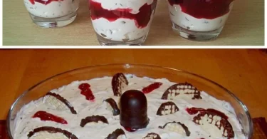 Schokoladen-Schaumküsschen-Dessert auf einem elegant gedeckten Tisch.