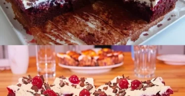 Schokoladenkuchen mit Sauerkirschen auf einem Teller serviert