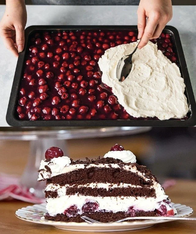 Traditionelle Schwarzwälder Kirschtorte mit Kirschen und Sahne