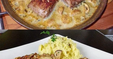 Schweinefilet in cremiger Senfsauce serviert auf einem eleganten Teller
