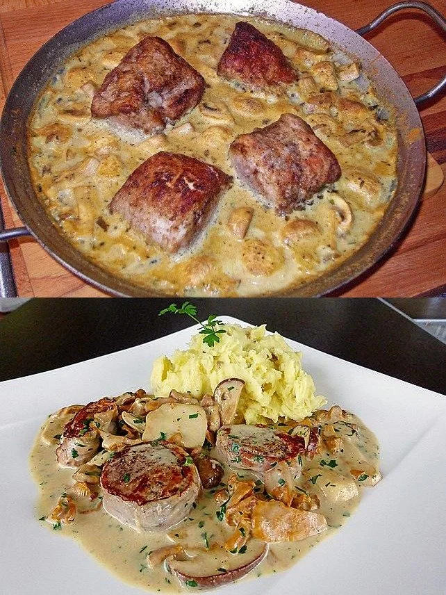 Schweinefilet in cremiger Senfsauce serviert auf einem eleganten Teller