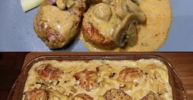 Schweinemedaillons mit Spätzle und Pilzsauce serviert auf einem Teller