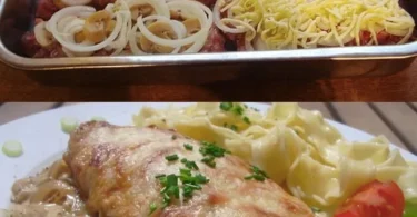 Schweineschnitzel mit Bratwurstfüllung auf einem Teller serviert