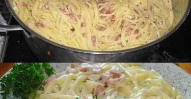 Spaghetti alla Carbonara im Südtiroler Stil auf einem Teller serviert.