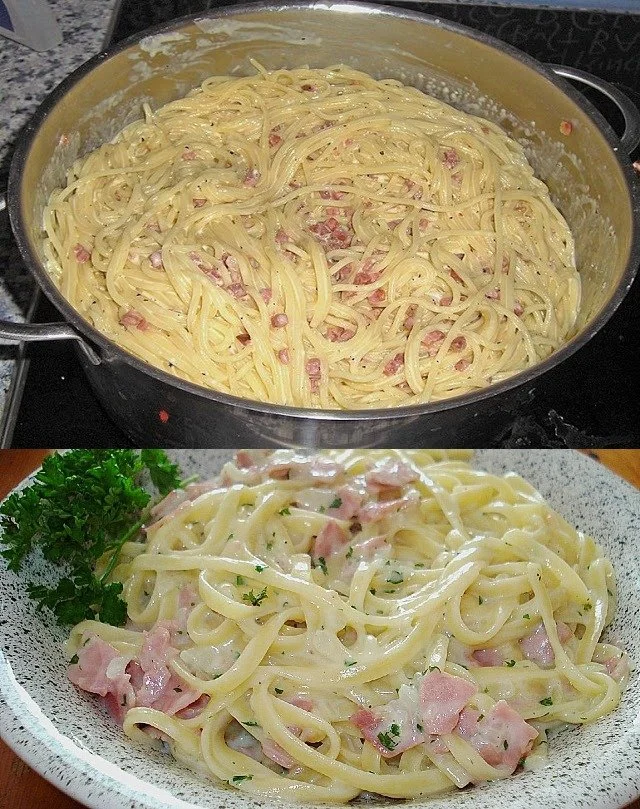Spaghetti alla Carbonara im Südtiroler Stil auf einem Teller serviert.