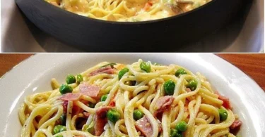 Spaghetti alla Panna in Käsesahnesoße mit Schinken serviert auf einem Teller