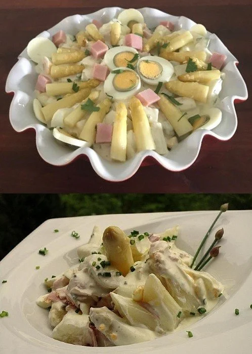 Spargelsalat mit Schinken und Eiern auf einem Teller serviert
