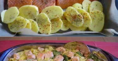 Tagliatelle mit Brokkoli und Lachs auf einem Teller serviert