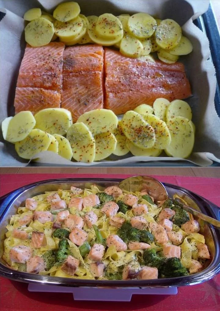 Tagliatelle mit Brokkoli und Lachs auf einem Teller serviert