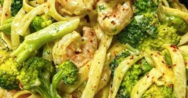 Tagliatelle mit Brokkoli und Garnelen in cremiger Sauce