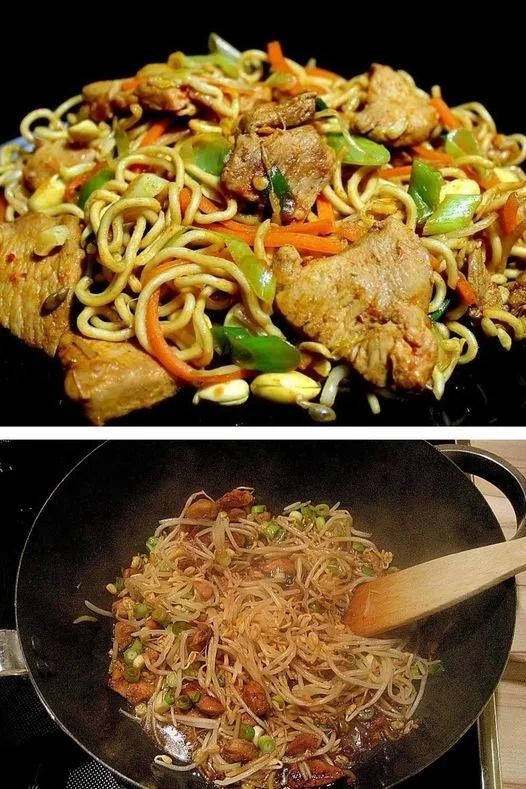 Leckeres Wok-Gericht mit Hähnchen und Eiernudeln in einer Pfanne