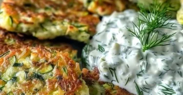 Zucchini Puffer mit Feta und Spinat, serviert mit Knoblauch-Tzatziki.