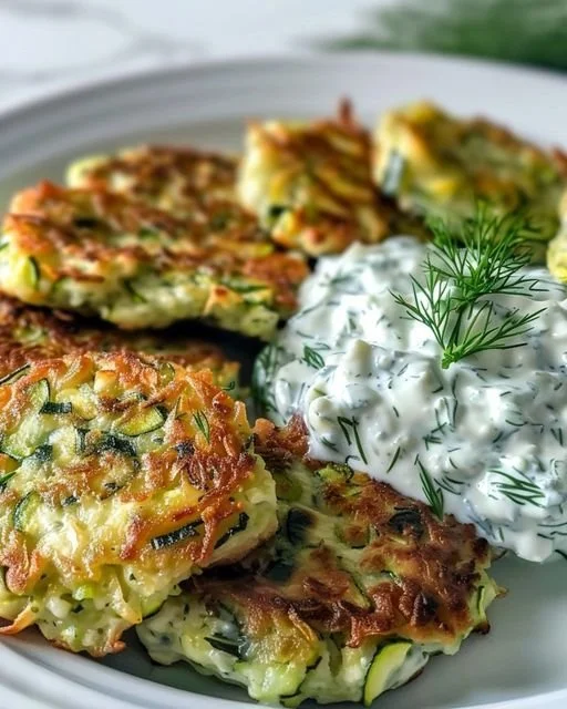 Zucchini Puffer mit Feta und Spinat, serviert mit Knoblauch-Tzatziki.
