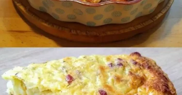 Zwiebelkuchen ohne Boden auf einem Teller serviert, appetitlich angerichtet.