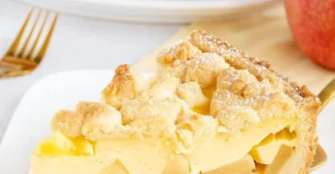 Apfelkuchen mit Vanillepudding auf einem Teller serviert.