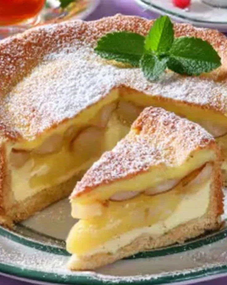 Birnenkuchen mit Pudding auf einem Teller, frisch gebacken und dekoriert.