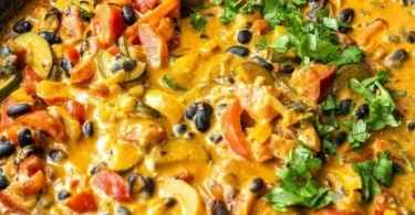 Gemüse-Curry mit schwarzen Bohnen auf einem bunten Teller serviert