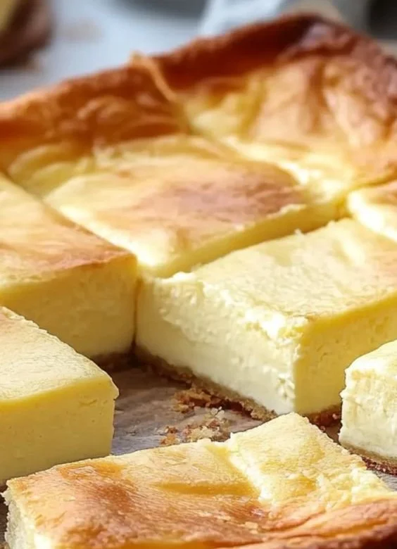 Käsekuchen mit Blätterteig vom Blech, frisch gebacken und verführerisch angerichtet.