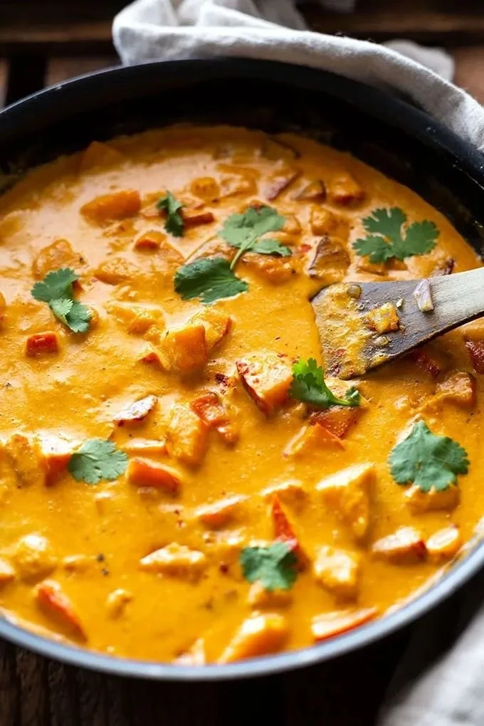 Kürbis-Curry mit Kokosmilch in einer Schüssel serviert